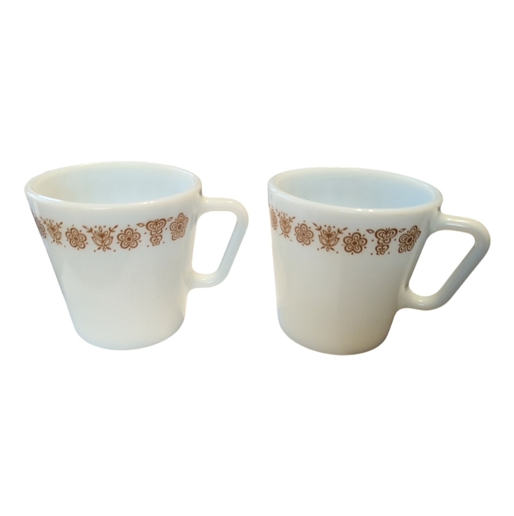 2 Vintage Pyrex Mugs Cups Butterfly Gold Corning